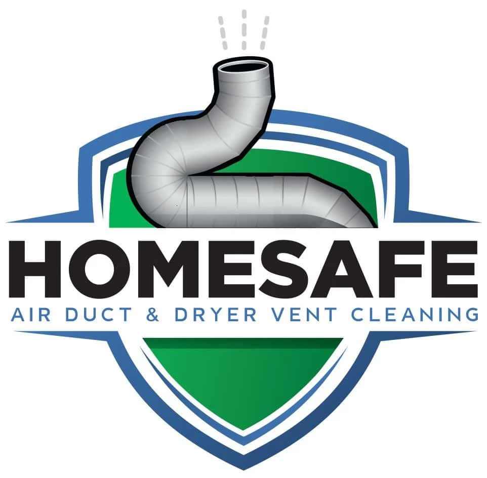 A logo for "HOMESAFE Air Duct & Dryer Vent Cleaning Sacramento" featuring a silver ventilation duct emitting air and positioned over a green and blue shield emblem. The text is displayed in bold black and blue letters below the duct and shield.