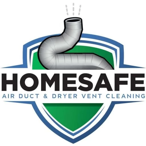 Logo for "HOMESAFE Air Duct & Dryer Vent Cleaning" featuring a stylized air duct above the text. The background includes a green shield with blue and white trim.
