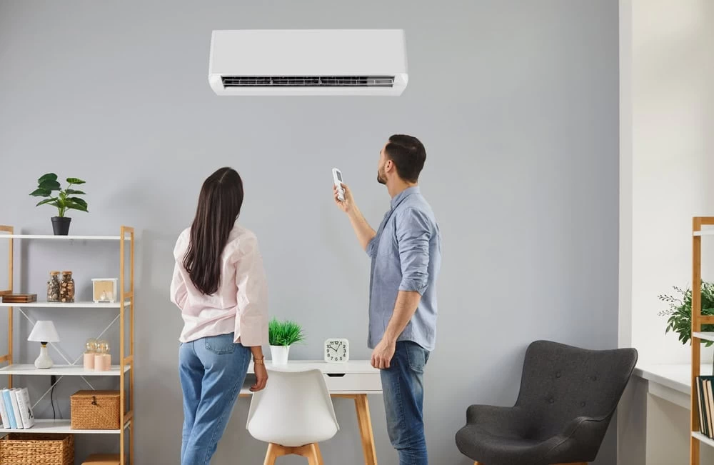A man and woman stand facing a wall-mounted air conditioner. The man is holding a remote control, pointing it at the unit. They are in a modern room with plants, a clock, shelves, and chairs visible.