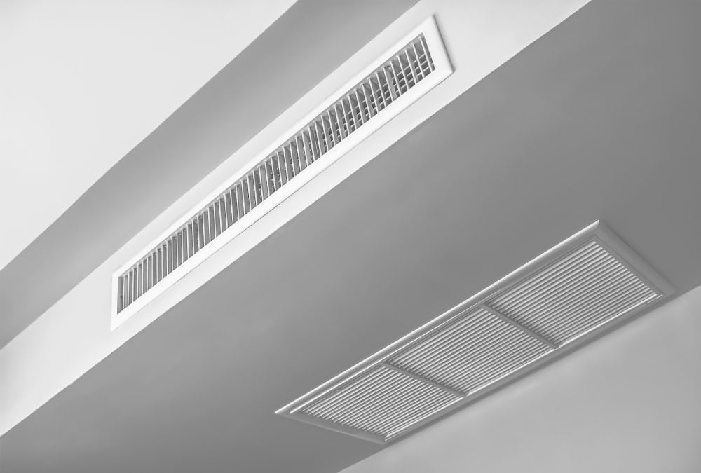 Close-up of two air vents on a white ceiling. The vents have horizontal slats and are positioned parallel to each other. The image is in black and white, highlighting the geometric design and contrasting shadows.