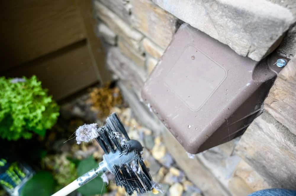 Close-up of a cleaning brush being used to remove cobwebs from the corners of a brown dryer vent on a stone wall. Green foliage is partially visible in the bottom left corner.