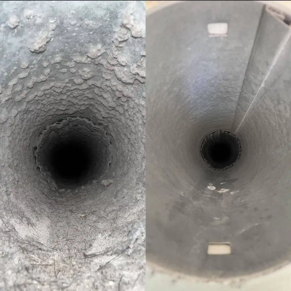 Side-by-side comparison of the inside of a dirty, dusty pipe on the left and the same pipe after Air Duct Cleaning Sacramento service—appearing much smoother and clearer—on the right.